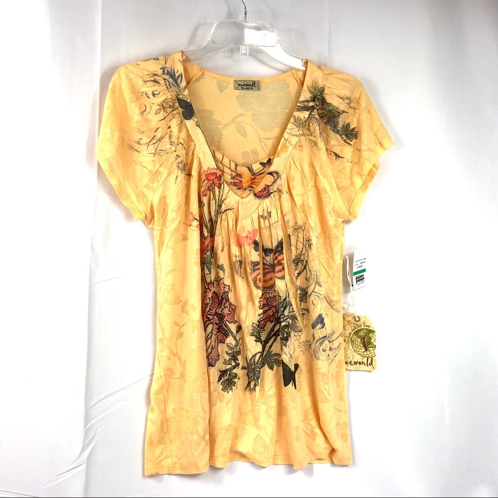One World Yellow Floral Butterfly Top NWT Size L